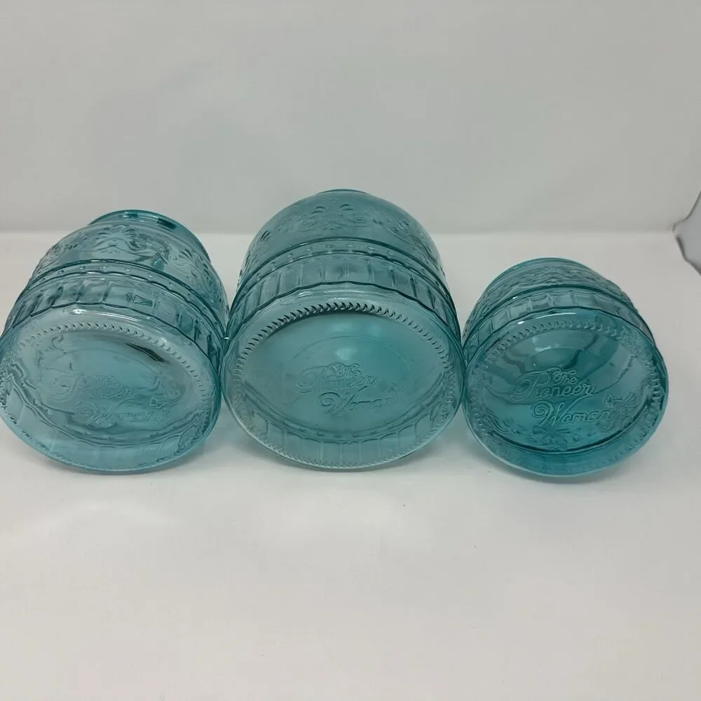The Pioneer Woman Cassie Teal Embossed Glass Canister 3-Piece Set READ